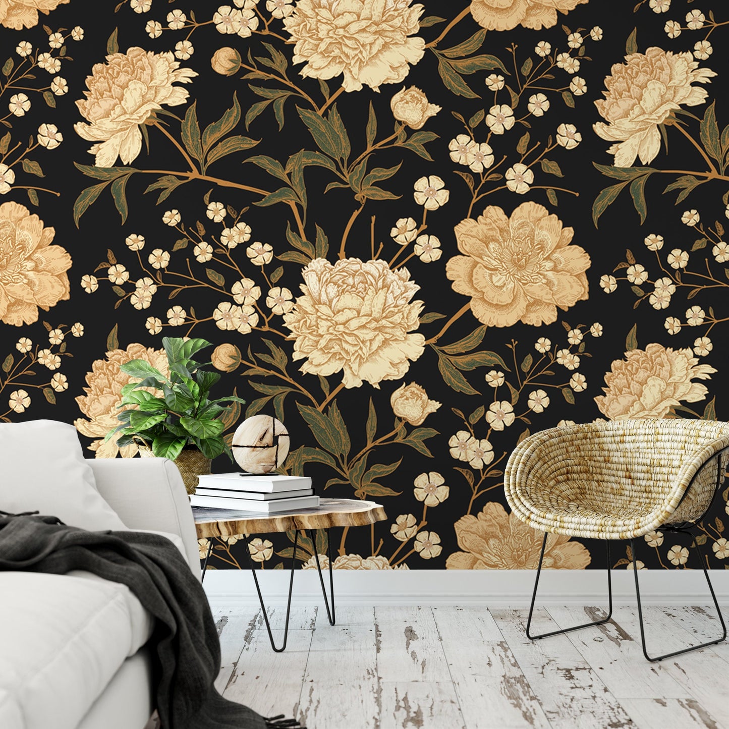 Vintage Black and Cream Floral Wallpaper MW1158