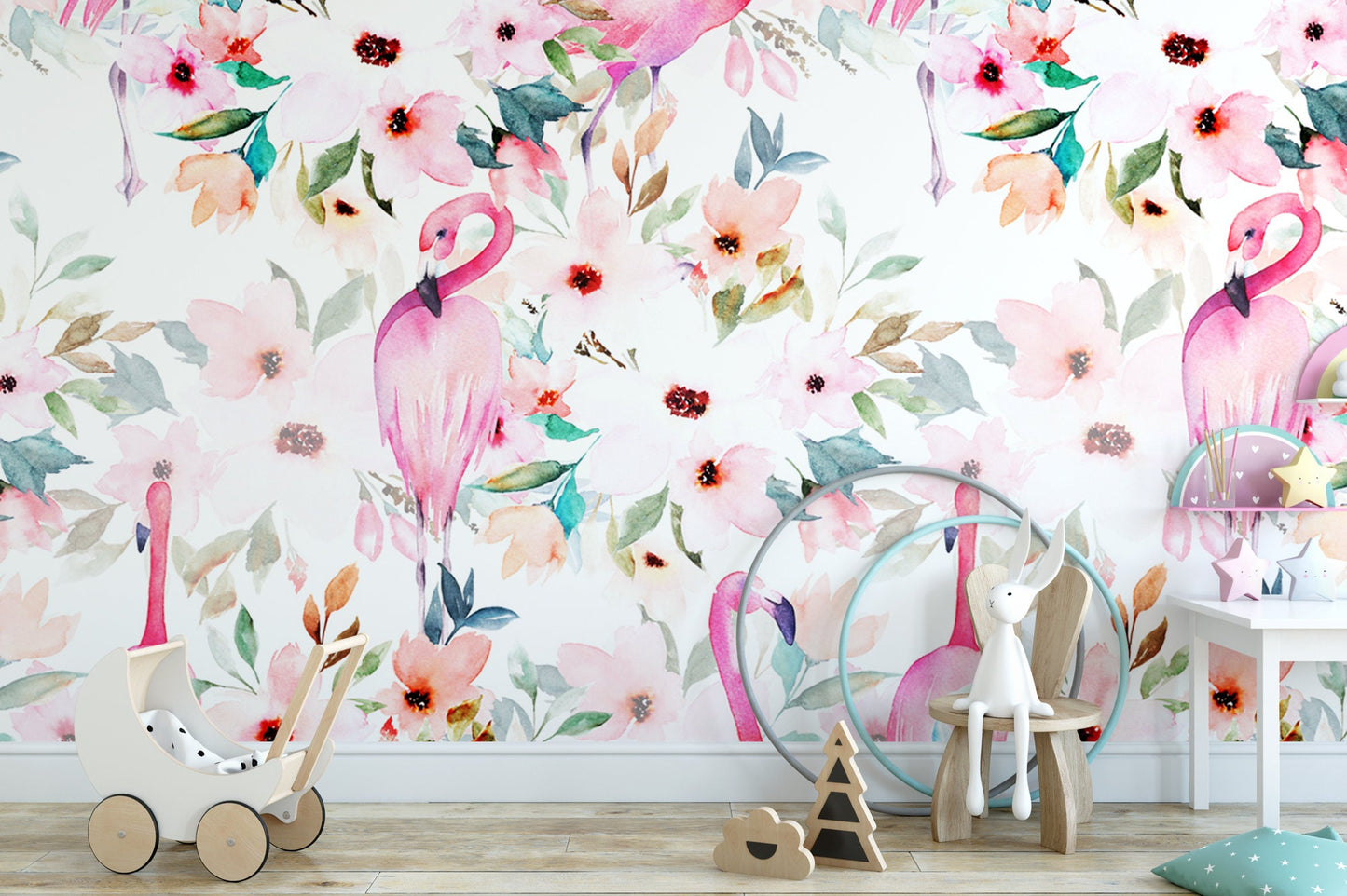 Watercolor Floral Flamingo Pink Wallpaper MW1064