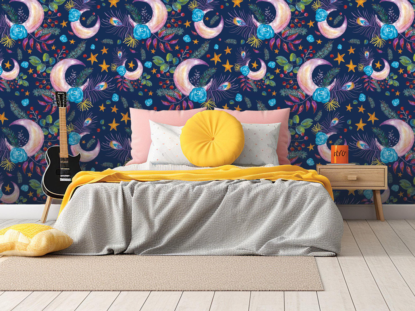 Floral Moon Boho on Navy Removable Wallpaper, Wall Art, Peel and Stick Wallpaper, Wall Decor, Accent Wall, Bedroom Decor, Art Print, MW1997