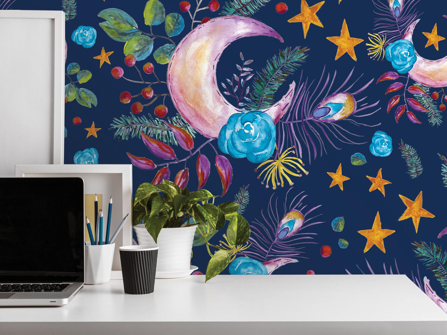 Floral Moon Boho on Navy Removable Wallpaper, Wall Art, Peel and Stick Wallpaper, Wall Decor, Accent Wall, Bedroom Decor, Art Print, MW1997