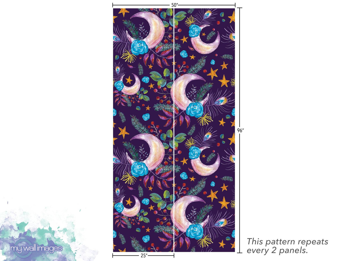 Floral Moon Boho on Purple Removable Wallpaper, Wall Art, Peel and Stick Wallpaper, Wall Decor, Accent Wall, Bedroom Decor, Art Decor MW1998