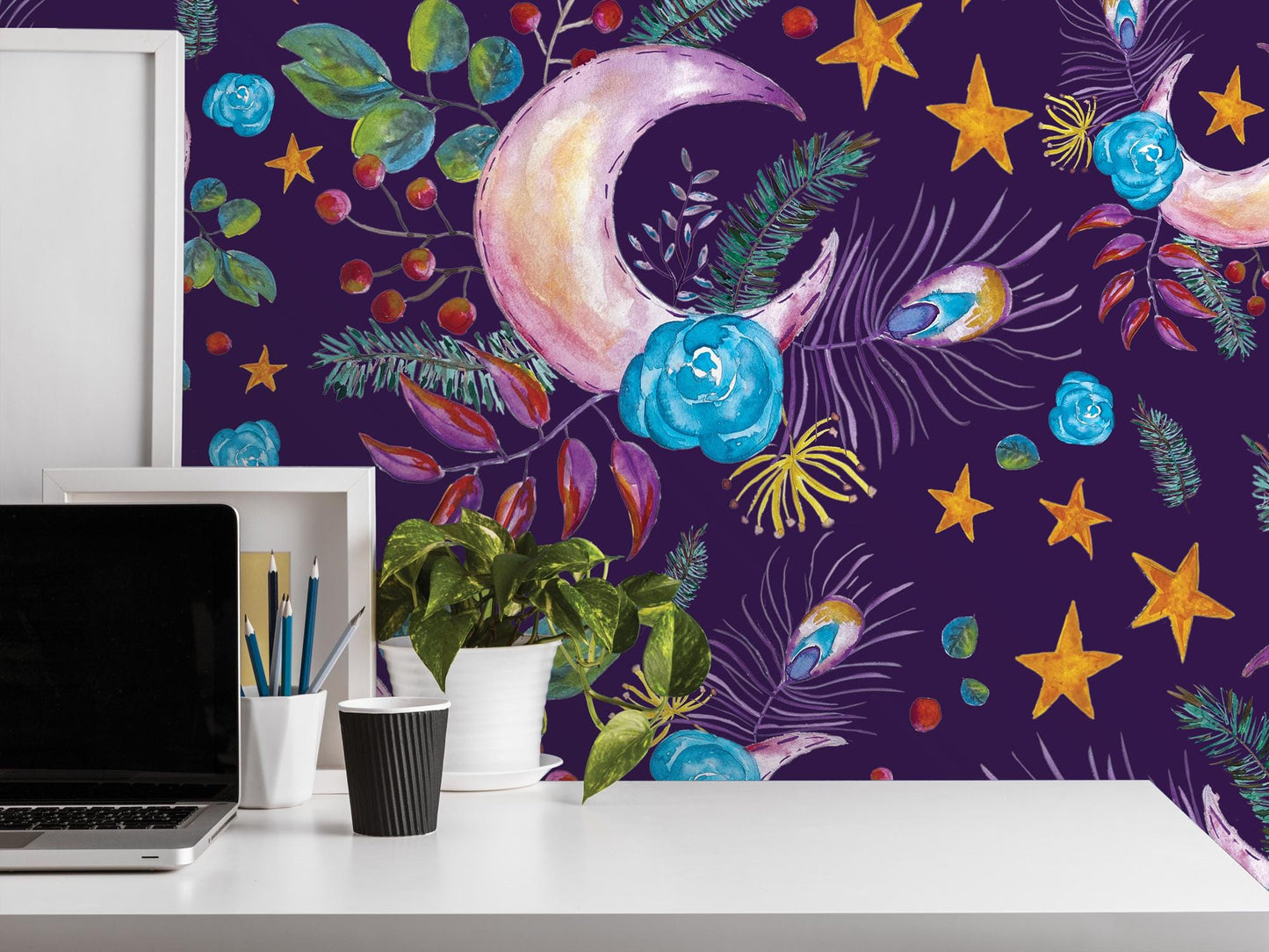 Floral Moon Boho on Purple Removable Wallpaper, Wall Art, Peel and Stick Wallpaper, Wall Decor, Accent Wall, Bedroom Decor, Art Decor MW1998