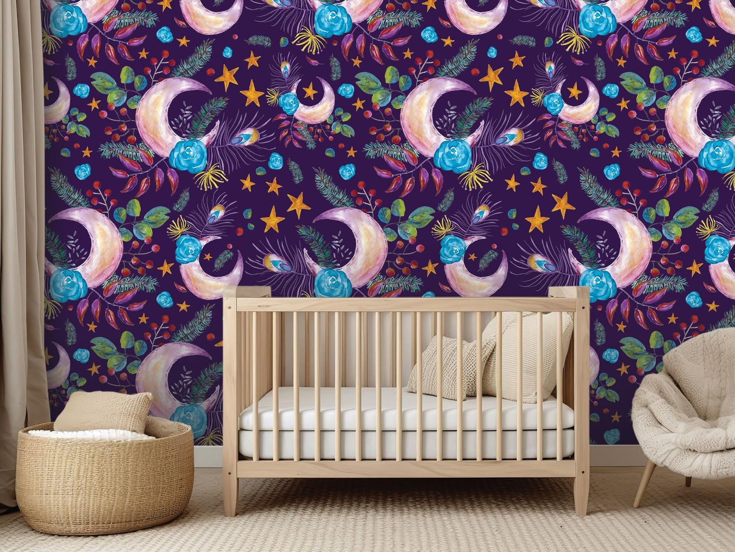 Floral Moon Boho on Purple Removable Wallpaper, Wall Art, Peel and Stick Wallpaper, Wall Decor, Accent Wall, Bedroom Decor, Art Decor MW1998