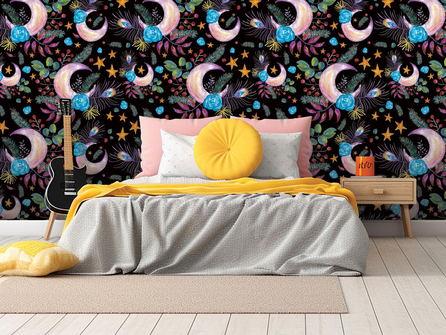 Floral Moon Boho on Black Removable Wallpaper, Wall Art, Peel and Stick Wallpaper, Wall Decor, Accent Wall, Bedroom Decor, Office, MW1994