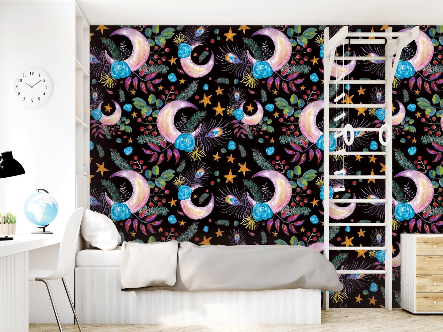 Floral Moon Boho on Black Removable Wallpaper, Wall Art, Peel and Stick Wallpaper, Wall Decor, Accent Wall, Bedroom Decor, Office, MW1994