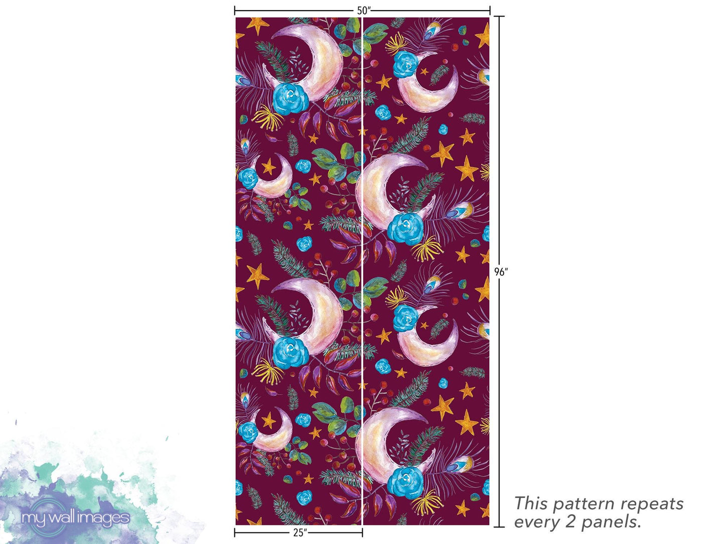 Floral Moon Boho on Wine Removable Wallpaper, Wall Art, Peel and Stick Wallpaper, Wall Decor, Accent Wall, Bedroom Decor, Watercolor, MW1999