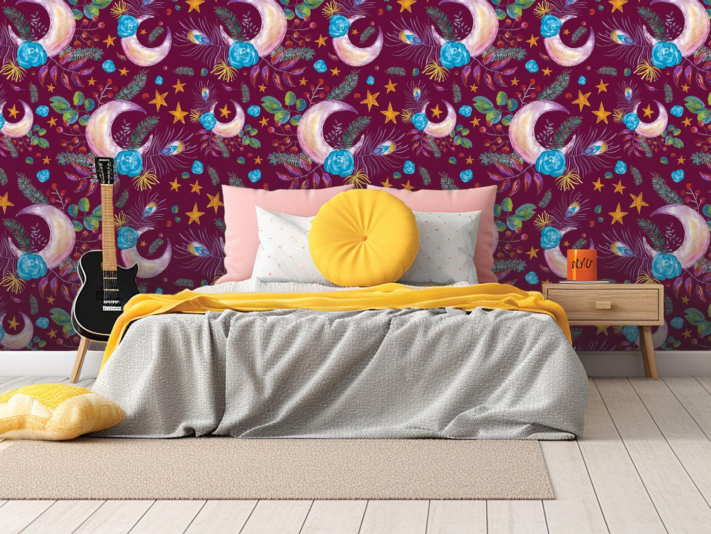 Floral Moon Boho on Wine Removable Wallpaper, Wall Art, Peel and Stick Wallpaper, Wall Decor, Accent Wall, Bedroom Decor, Watercolor, MW1999