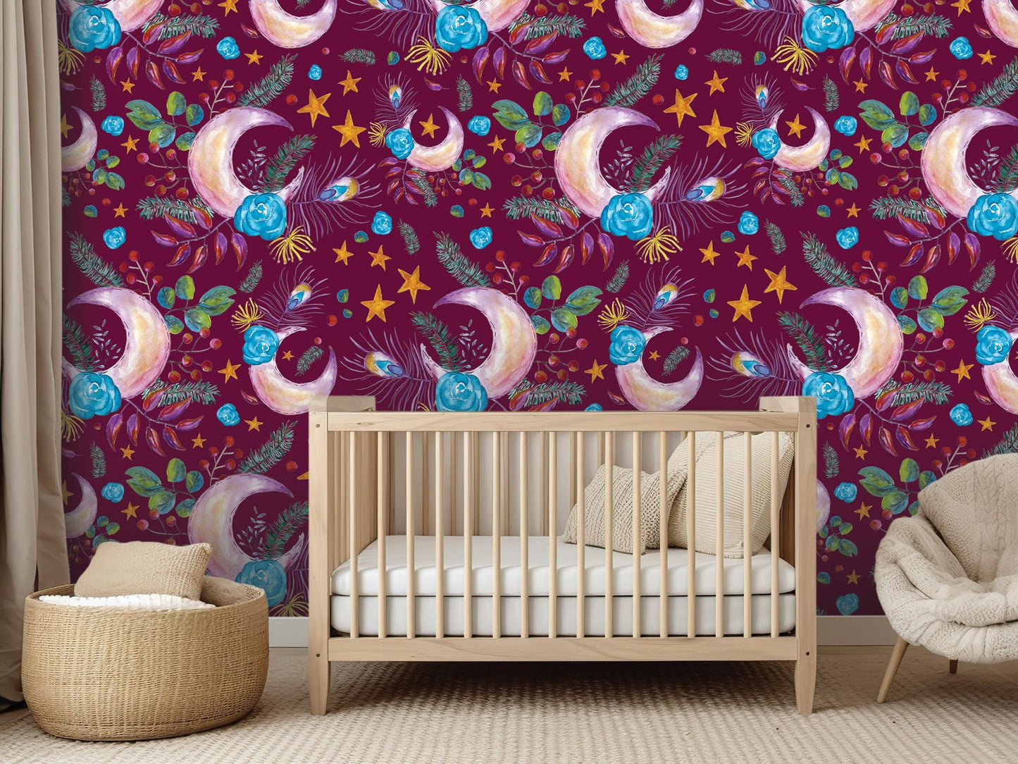 Floral Moon Boho on Wine Removable Wallpaper, Wall Art, Peel and Stick Wallpaper, Wall Decor, Accent Wall, Bedroom Decor, Watercolor, MW1999