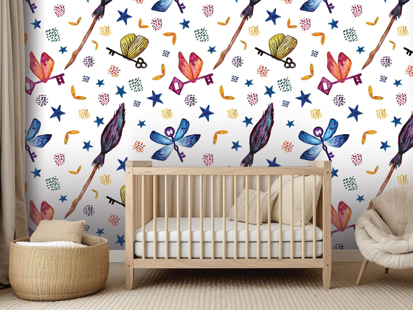 Enchanted Potter Flying Keys Removable Wallpaper, Wall Art, Peel and Stick Wallpaper, Wall Decor, Harry Pottery, Kids Room, Nursery, MW2041