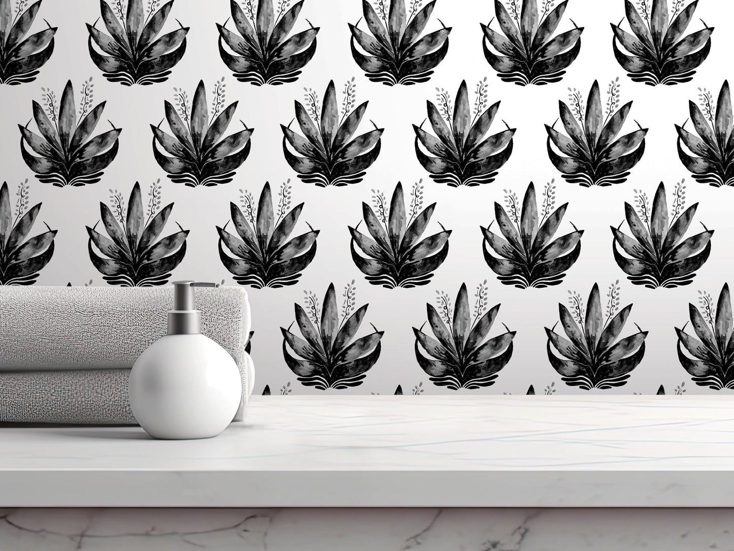 Watercolor Fleur Black and White Removable Wallpaper, Wall Art, Peel and Stick Wallpaper, Wall Decor, Accent Wall, MW1970