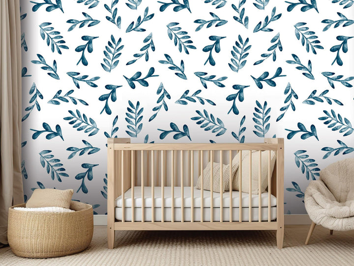 Floating Navy Watercolor Leaves Removable Wallpaper, Wall Art, Peel and Stick Wallpaper, Wall Decor, Accent Wall, Kitchen, Bathroom MW2018