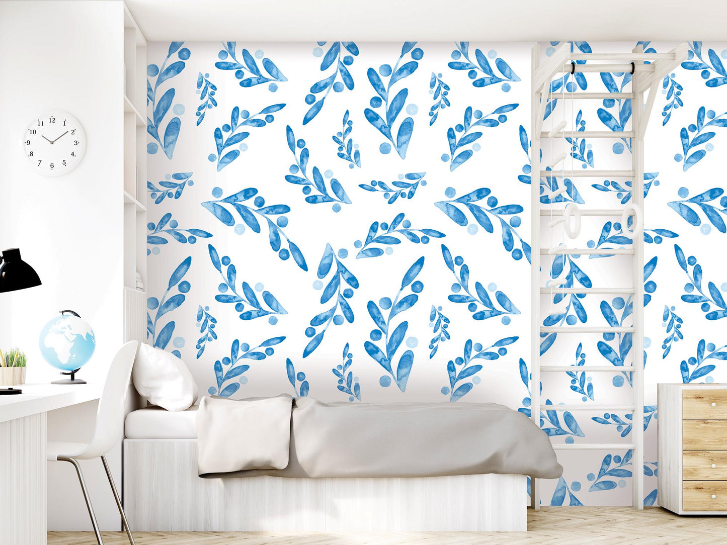 a blue and white wallpaper with leaves on it