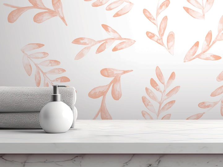 Floating Peach Watercolor Leaves Removable Wallpaper, Wall Art, Peel and Stick Wallpaper, Wall Decor, Accent Wall, Nursery, Bathroom, MW2023