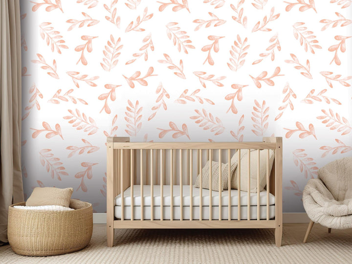 Floating Peach Watercolor Leaves Removable Wallpaper, Wall Art, Peel and Stick Wallpaper, Wall Decor, Accent Wall, Nursery, Bathroom, MW2023