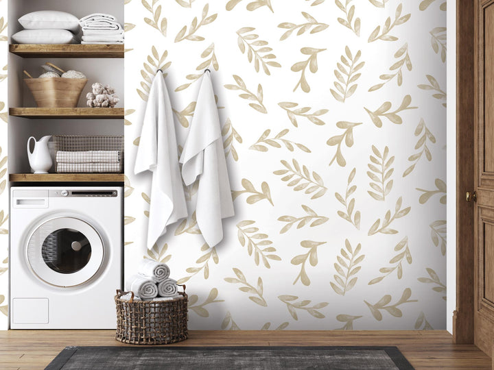 Floating Beige Tan Watercolor Leaves Removable Wallpaper, Wall Art, Peel and Stick Wallpaper, Wall Decor, Accent, Nursery, Bathroom, MW2021