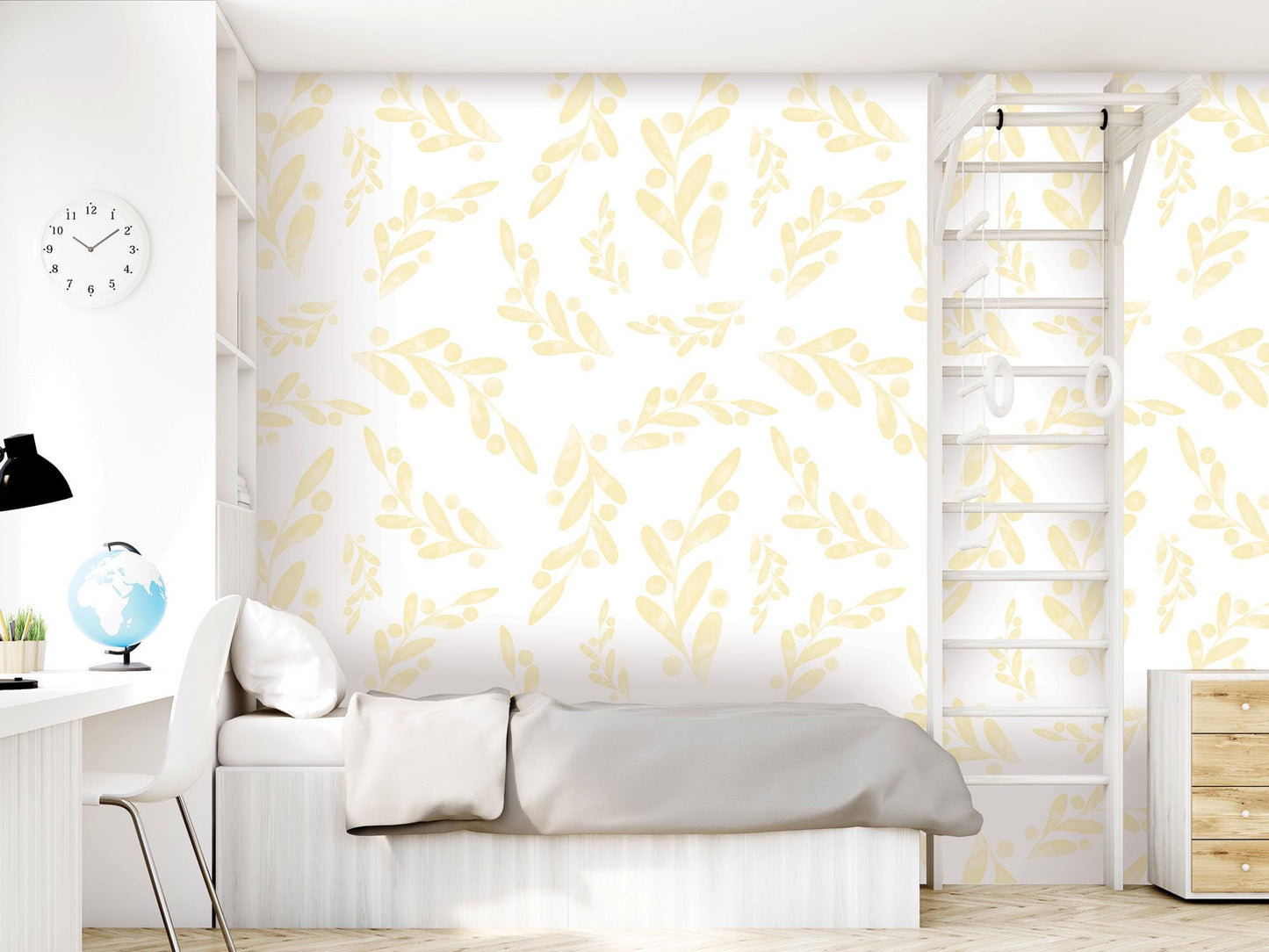 Yellow Watercolor Dancing Leaves on White Removable Wallpaper, Wall Art, Peel and Stick Wallpaper, Wall Decor, Accent Wall, MW2012