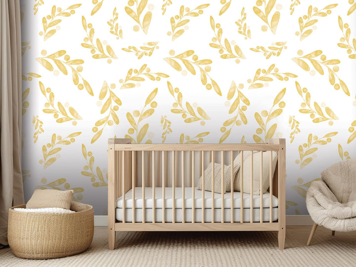 Yellow Gold Watercolor Dancing Leaves Removable Wallpaper, Wall Art, Peel and Stick Wallpaper, Wall Decor, Accent Wall, Modern Decor, MW2006