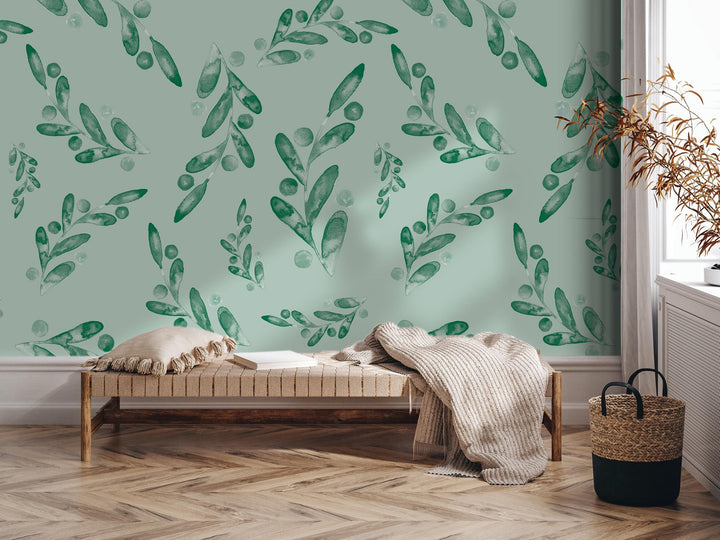 Green Sage Watercolor Dancing Leaves Removable Wallpaper, Wall Art, Peel and Stick Wallpaper, Wall Decor, Accent Wall, Modern Decor, MW2009