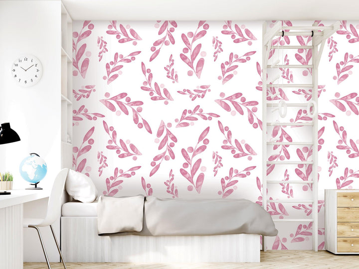 Pink Watercolor Dancing Leaves Removable Wallpaper, Wall Art, Peel and Stick Wallpaper, Wall Decor, Accent Wall, Modern Decor, MW2007