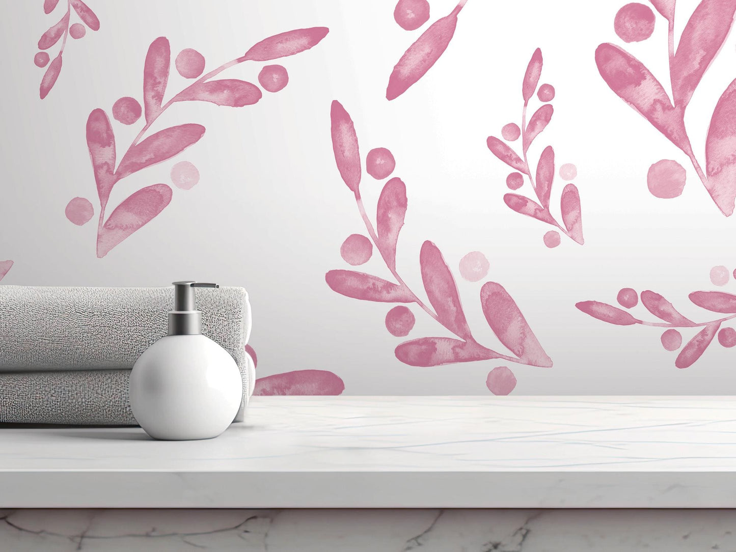 Pink Watercolor Dancing Leaves Removable Wallpaper, Wall Art, Peel and Stick Wallpaper, Wall Decor, Accent Wall, Modern Decor, MW2007