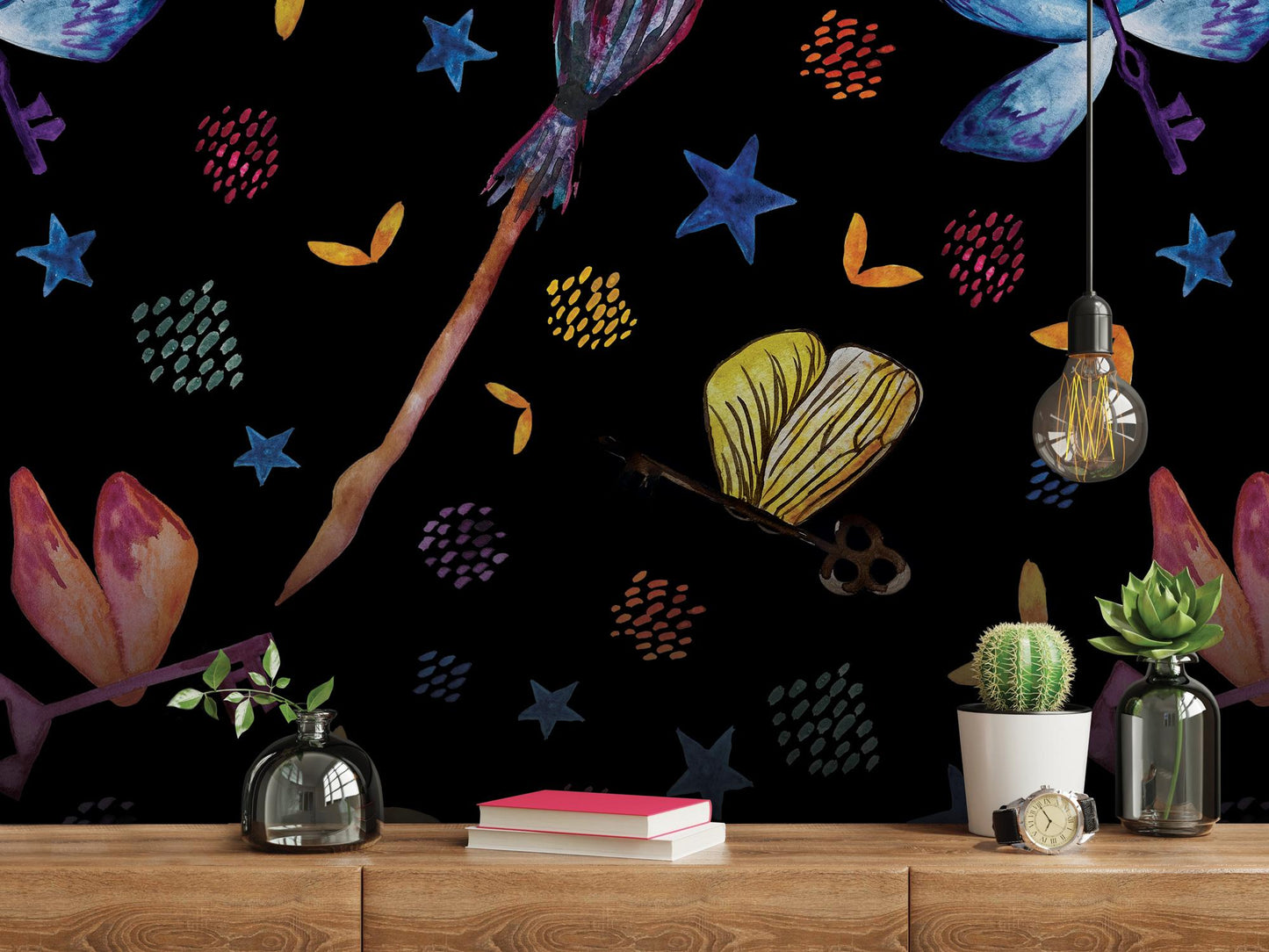 Enchanted Potter Flying Keys Black Removable Wallpaper, Wall Art, Peel and Stick Wallpaper, Wall Decor, Harry Pottery, Kids Room, Art MW2040