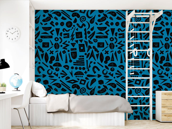 Doodle Graffiti Black Blue Removable Wallpaper, Wall Art, Peel and Stick Wallpaper, Wall Decor, Accent Wall, Gaming Room, Kids Room, MW2155