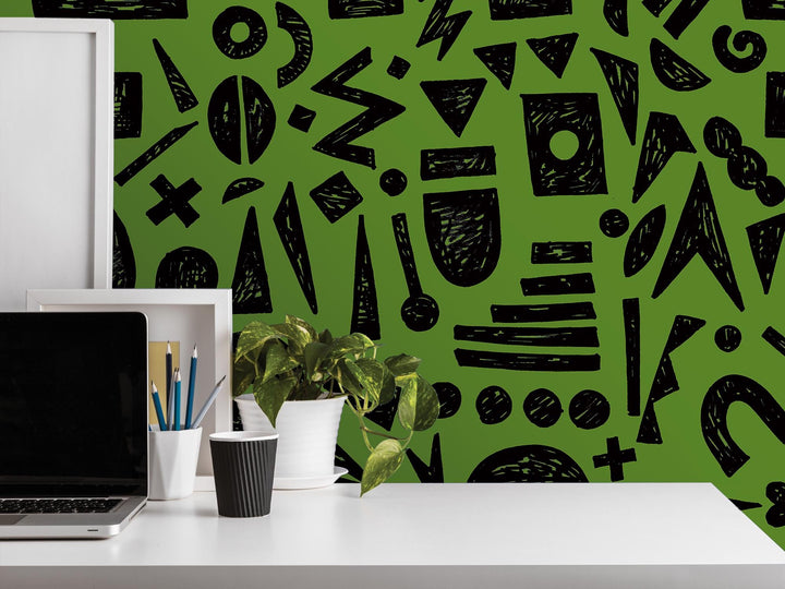 Doodle Graffiti Black Green Removable Wallpaper, Wall Art, Peel and Stick Wallpaper, Wall Decor, Accent Wall, Gaming Room, Kids Room, MW2153