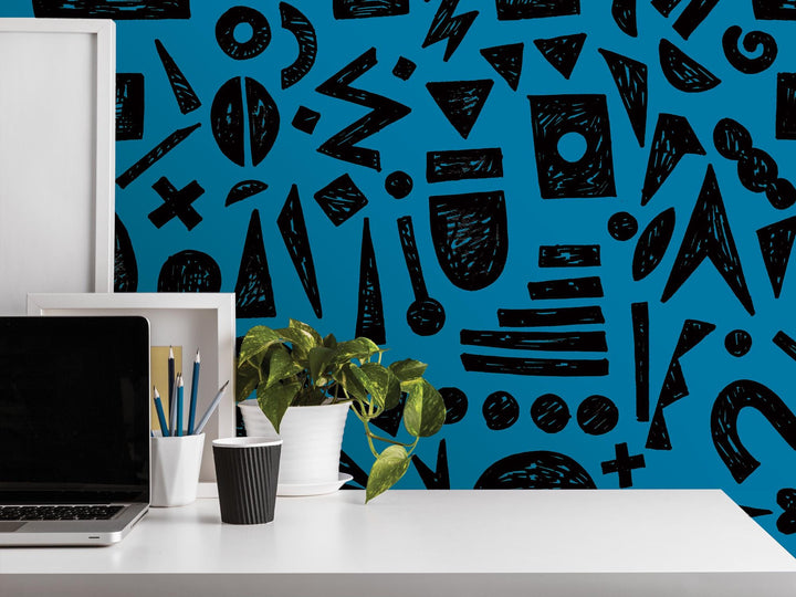 Doodle Graffiti Black Blue Removable Wallpaper, Wall Art, Peel and Stick Wallpaper, Wall Decor, Accent Wall, Gaming Room, Kids Room, MW2155