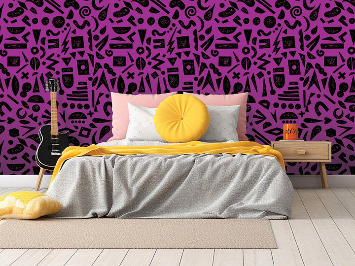 Doodle Graffiti Black Purple Removable Wallpaper, Wall Art, Peel and Stick Wallpaper, Wall Decor, Accent Wall, Game Room, Kids Room, MW2156