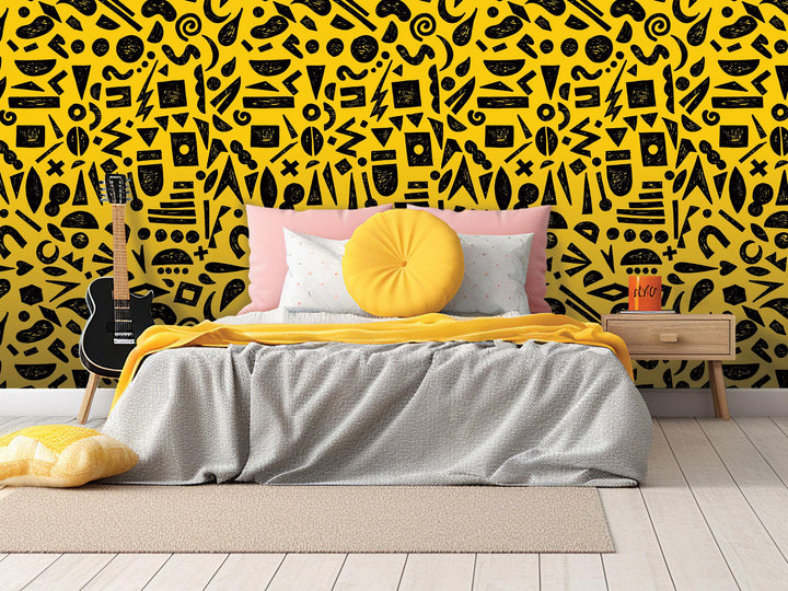 Doodle Graffiti Black Gold Removable Wallpaper, Wall Art, Peel and Stick Wallpaper, Wall Decor, Accent Wall, Gaming Room, Kids Room, MW2150