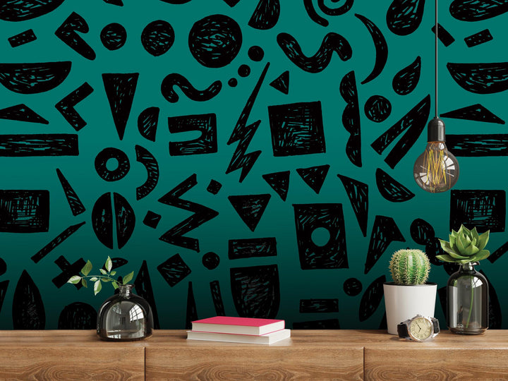 Doodle Graffiti Black Teal Removable Wallpaper, Wall Art, Peel and Stick Wallpaper, Wall Decor, Accent Wall, Gaming Room, Kids Room, MW2154