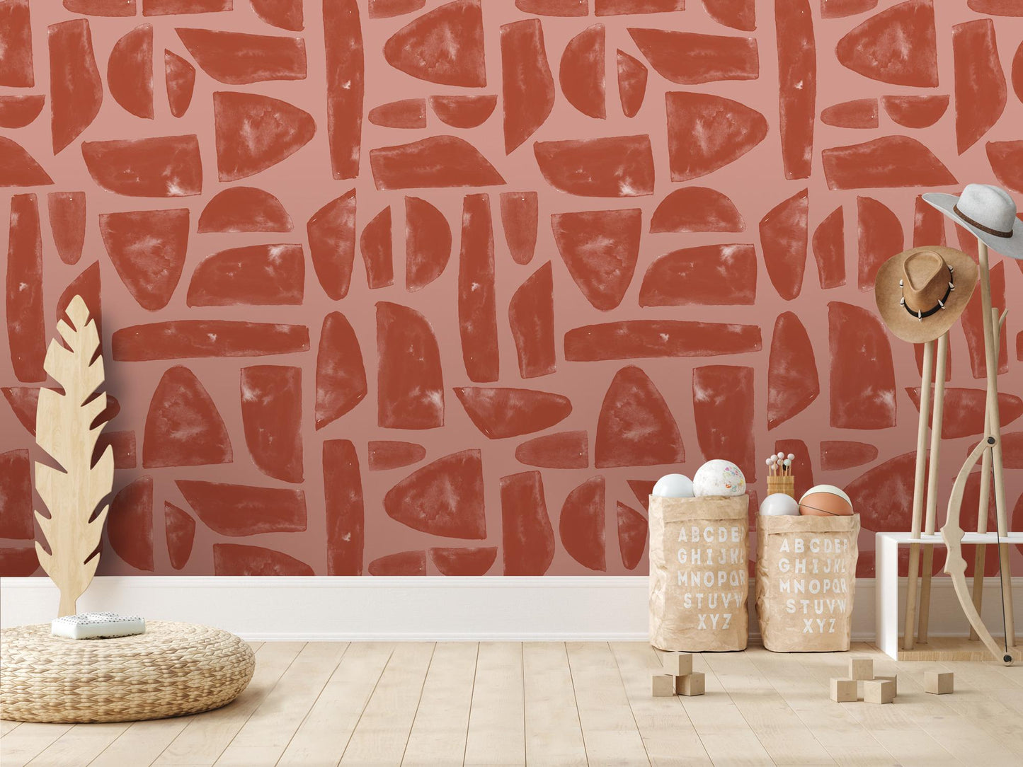 Boho Rust Clay Mosaic Stones Removable Wallpaper, Wall Art, Peel and Stick Wallpaper, Wall Decor, Accent Wall, Watercolor, Modern, MW2026