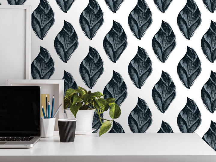 Midnight Blue Artsy Charcoal Leaves Removable Wallpaper, Wall Art, Peel and Stick Wallpaper, Wall Decor, Accent Wall, Office Decor, MW2091