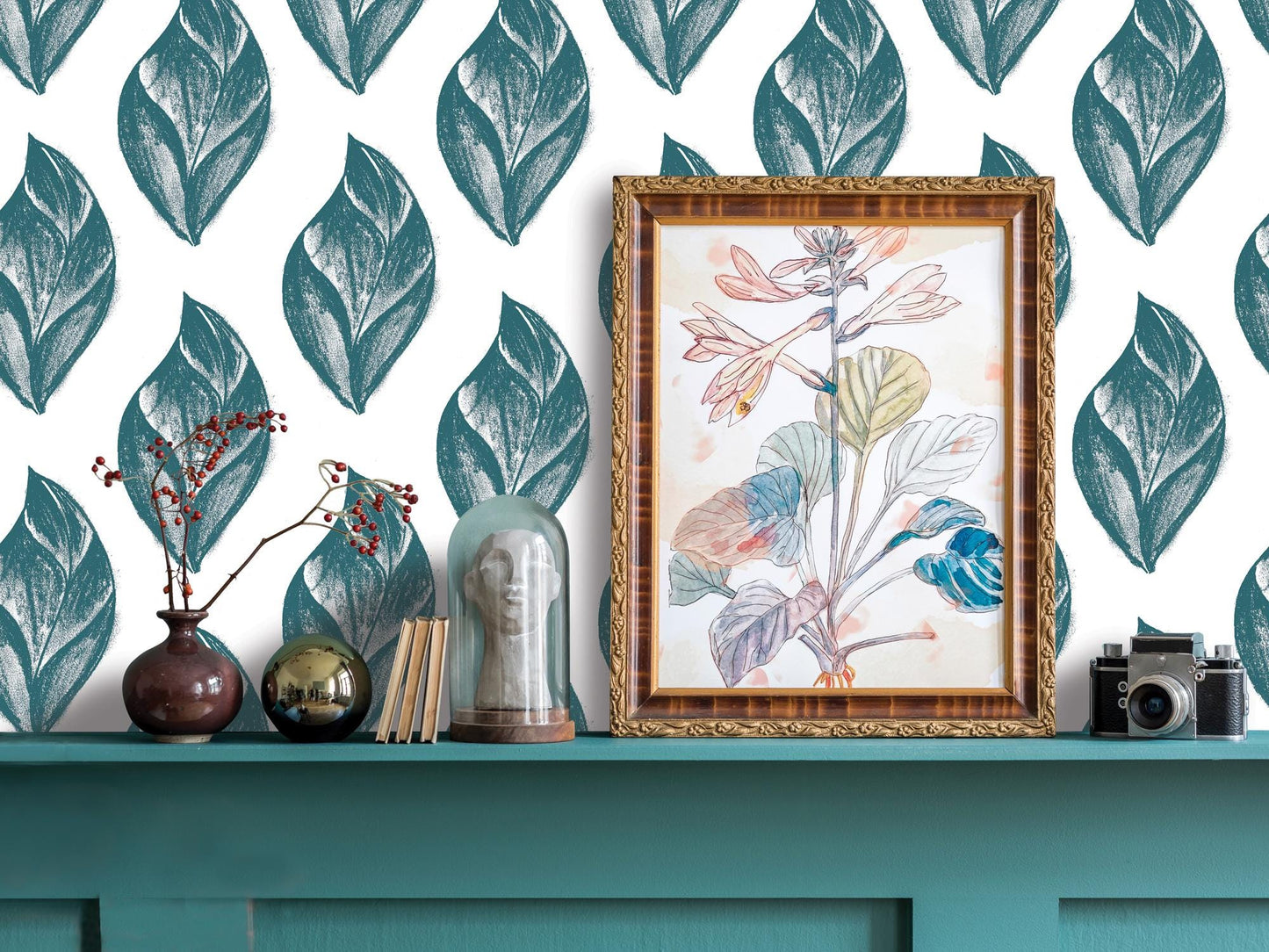 Teal Artsy Charcoal Leaves Removable Wallpaper, Wall Art, Peel and Stick Wallpaper, Wall Decor, Accent Wall, Nursery Decor, Bedroom, MW2081