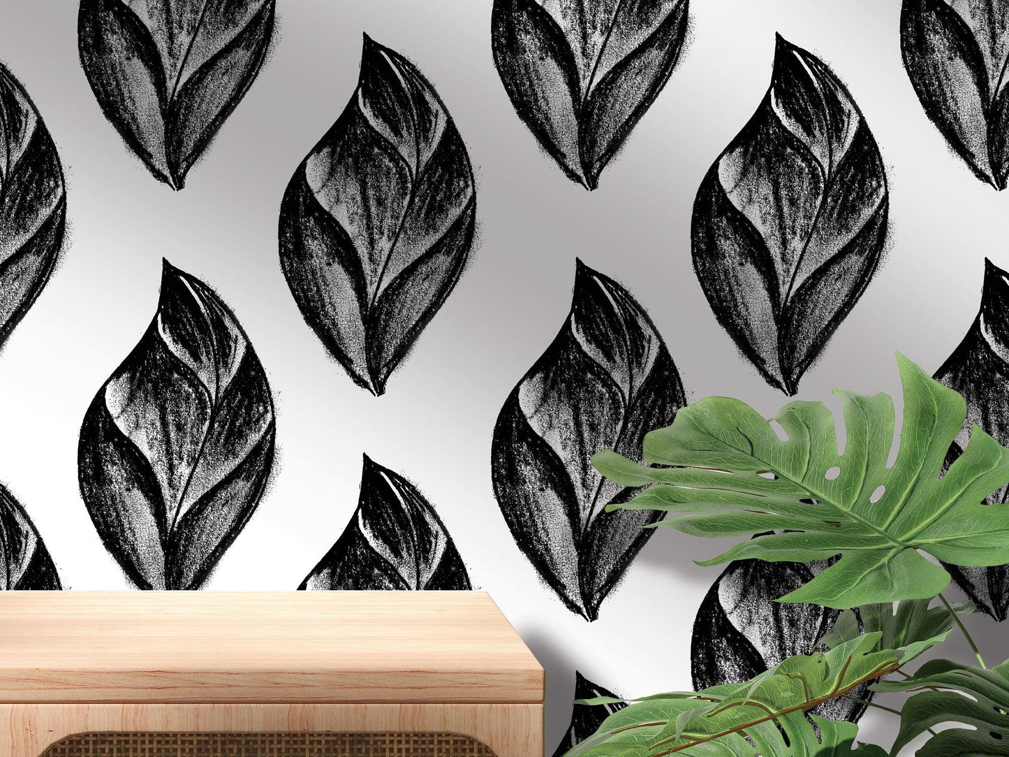 Black Artsy Charcoal Leaves Removable Wallpaper, Wall Art, Peel and Stick Wallpaper, Wall Decor, Accent Wall, Office Decor, Bedroom, MW2079