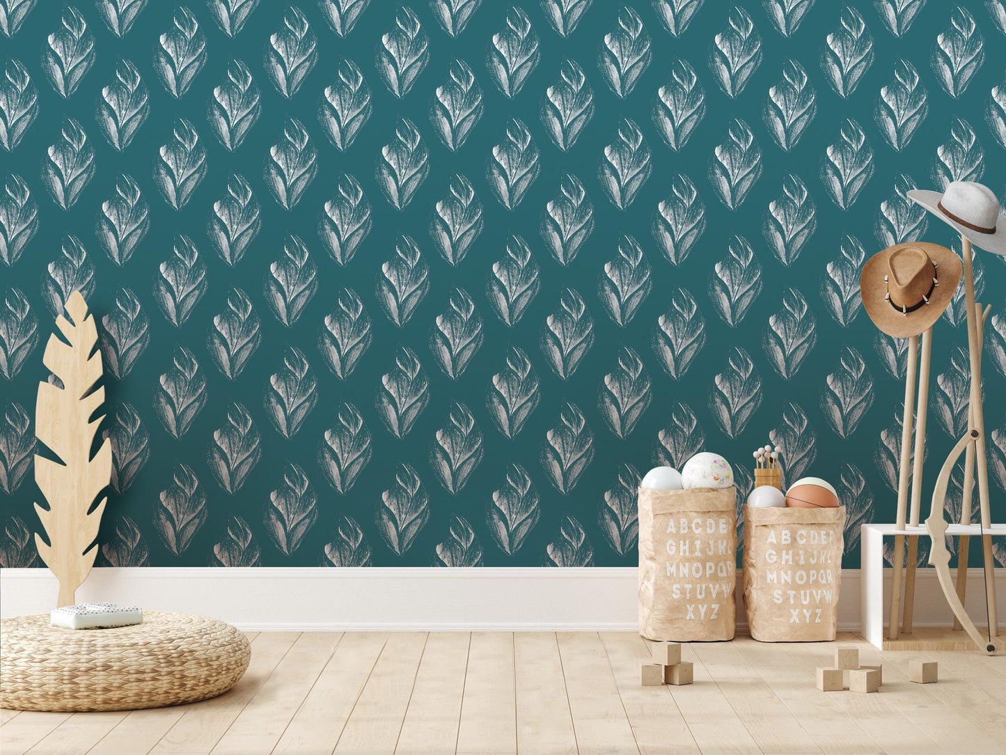 Weathered Teal Artsy Leaves Removable Wallpaper, Wall Art, Peel and Stick Wallpaper, Wall Decor, Accent Wall, Bathroom Decor, MW2082