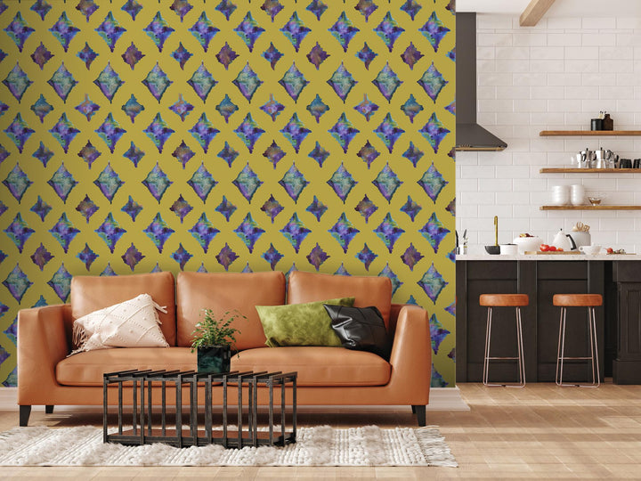 Chartreuse Cool Watercolor Ikat Removable Wallpaper, Wall Art, Peel and Stick Wallpaper, Wall Decor, Accent Wall, Original Wallpaper, MW2129