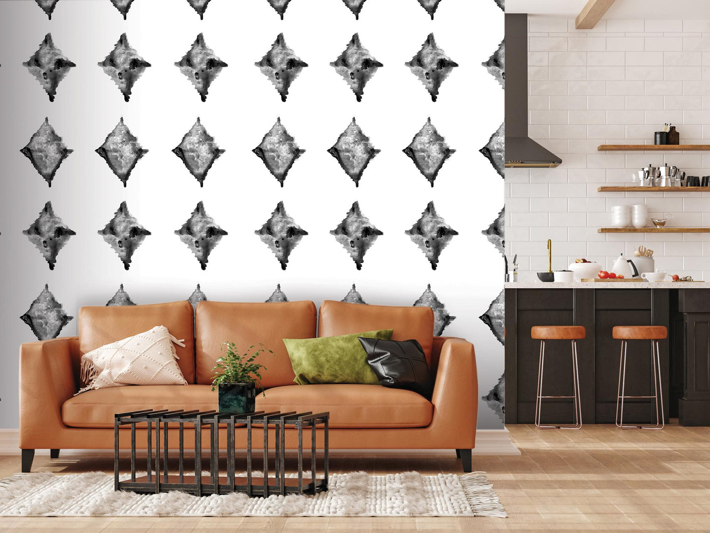 Black White Watercolor Diamonds 1 Removable Wallpaper, Wall Art, Peel and Stick Wallpaper, Wall Decor, Accent Wall, Original Design, MW2146