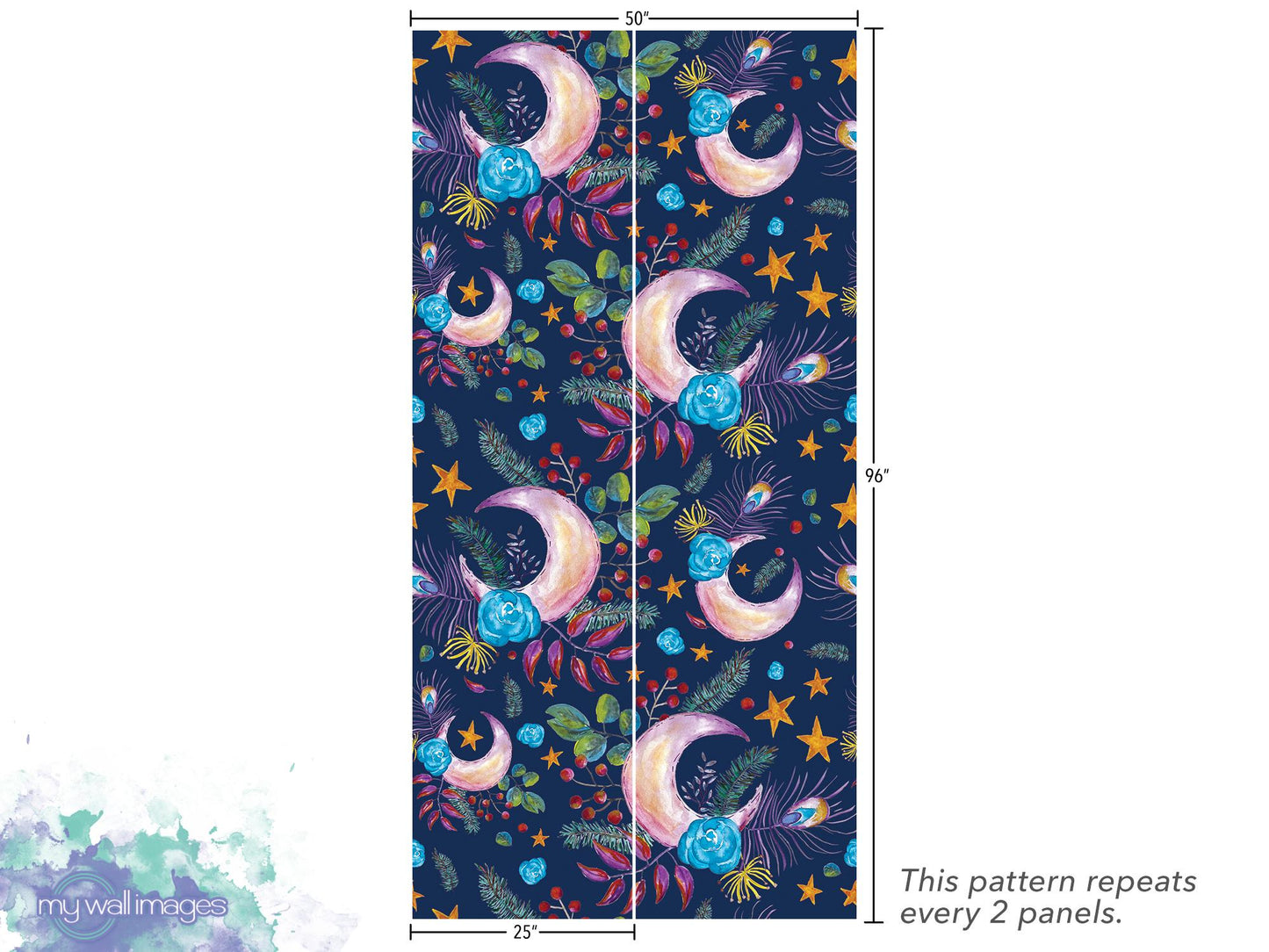 Floral Moon Boho on Navy Removable Wallpaper, Wall Art, Peel and Stick Wallpaper, Wall Decor, Accent Wall, Bedroom Decor, Art Print, MW1997