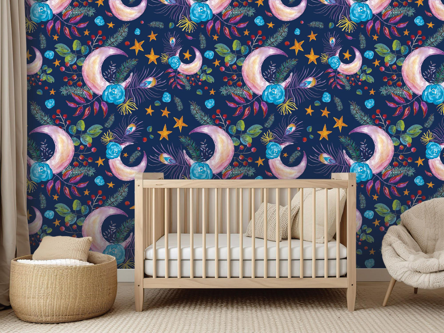 Floral Moon Boho on Navy Removable Wallpaper, Wall Art, Peel and Stick Wallpaper, Wall Decor, Accent Wall, Bedroom Decor, Art Print, MW1997