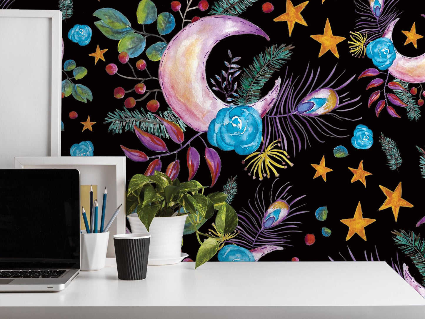 Floral Moon Boho on Black Removable Wallpaper, Wall Art, Peel and Stick Wallpaper, Wall Decor, Accent Wall, Bedroom Decor, Office, MW1994