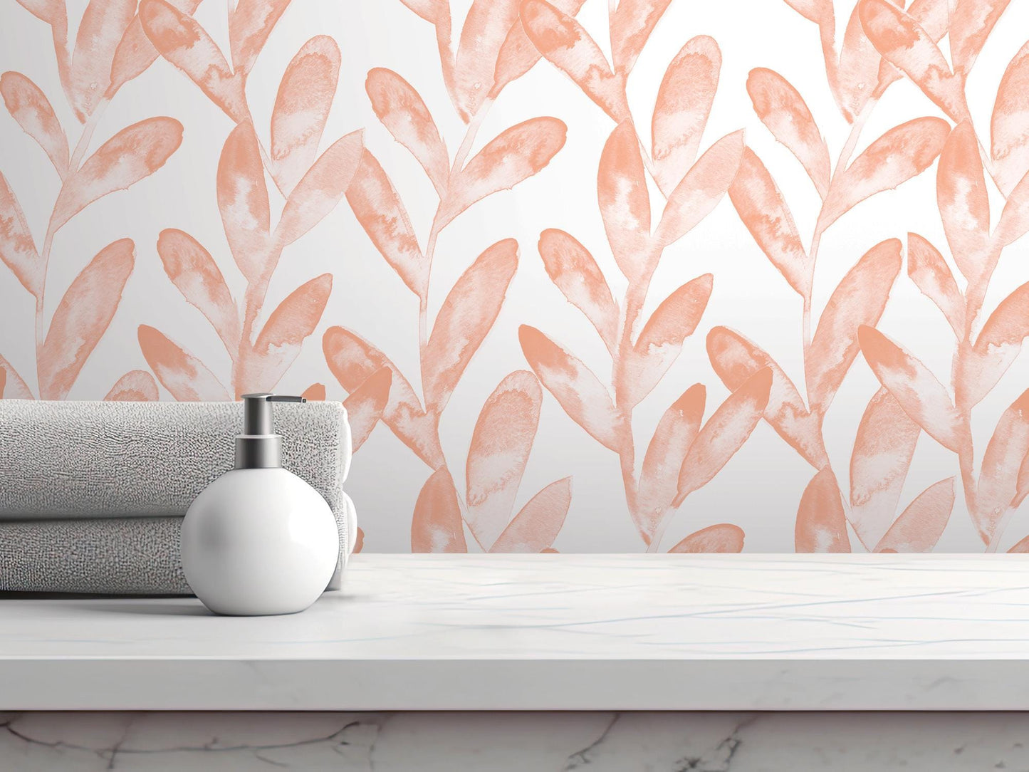 Dreamy Peach Coral Watercolor Vines Removable Wallpaper, Wall Art, Peel and Stick Wallpaper, Wall Decor, Nursery, Bathroom, Bedroom, MW2015