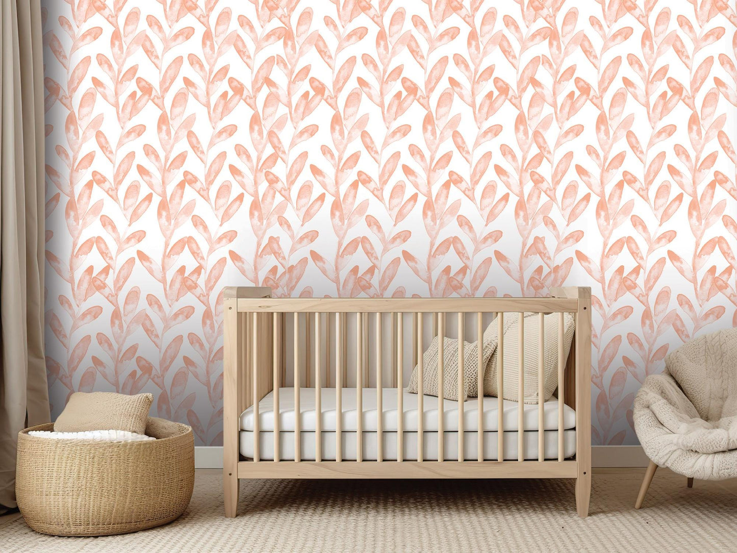 Dreamy Peach Coral Watercolor Vines Removable Wallpaper, Wall Art, Peel and Stick Wallpaper, Wall Decor, Nursery, Bathroom, Bedroom, MW2015