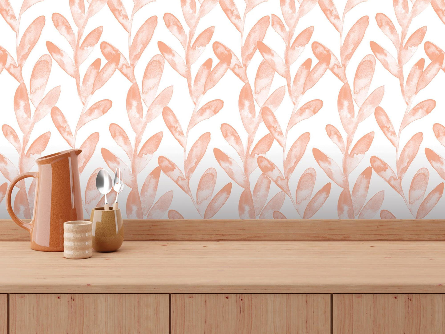 Dreamy Peach Coral Watercolor Vines Removable Wallpaper, Wall Art, Peel and Stick Wallpaper, Wall Decor, Nursery, Bathroom, Bedroom, MW2015