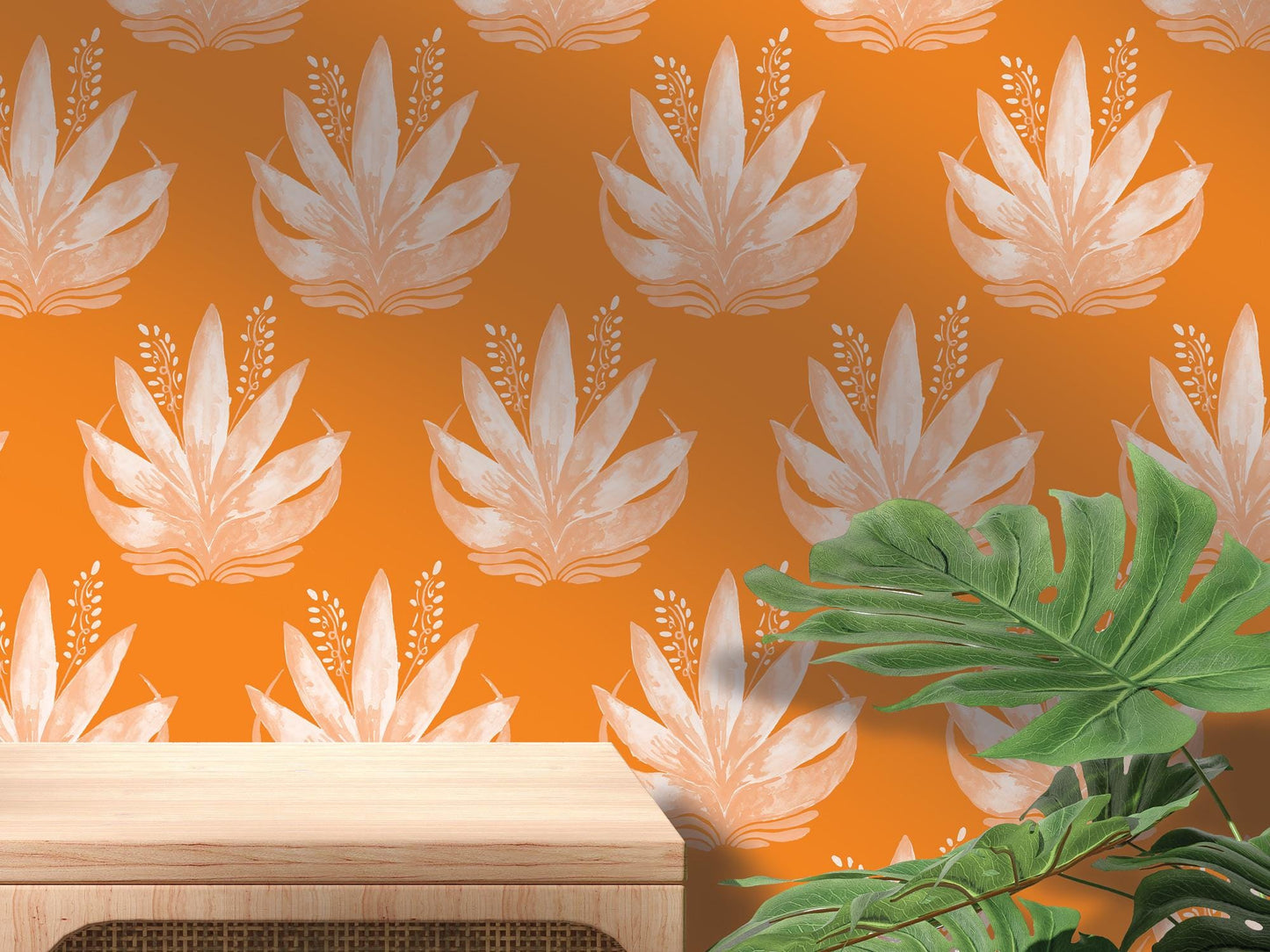 Watercolor Fleur Bright Orange Removable Wallpaper, Wall Art, Peel and Stick Wallpaper, Wall Decor, Accent Wall, Teen Room, Trendy MW1986