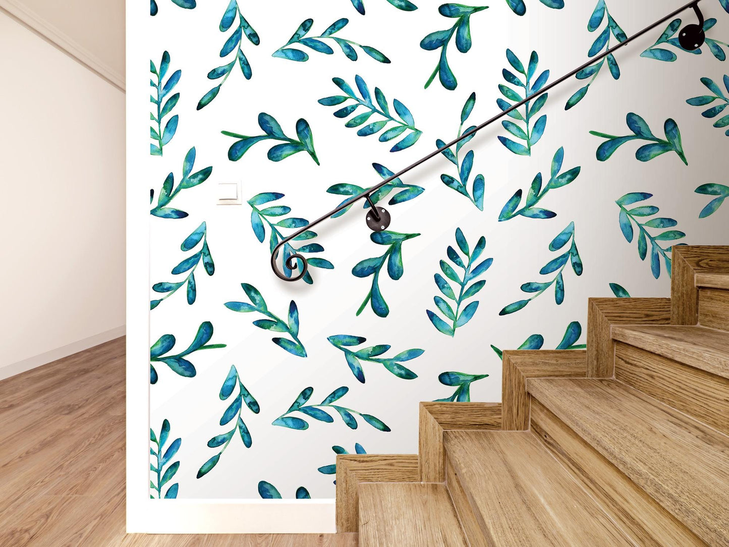 Floating Blue Green Watercolor Leaves Removable Wallpaper, Wall Art, Peel and Stick Wallpaper, Wall Decor, Accent Wall, Teen Room, MW2017