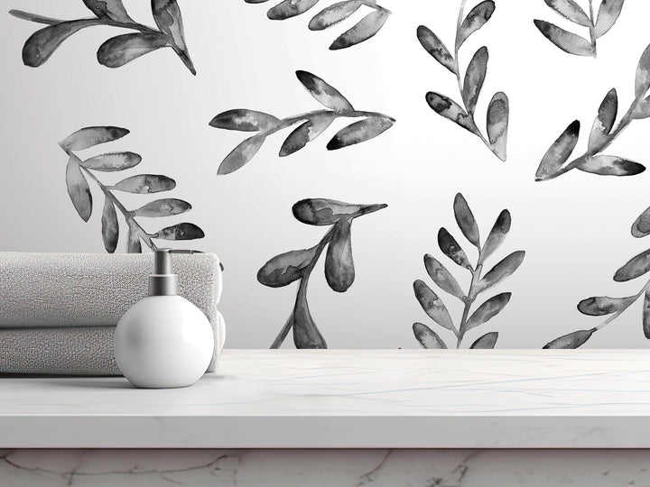 Floating Gray Watercolor Leaves Removable Wallpaper, Wall Art, Peel and Stick Wallpaper, Wall Decor, Accent Wall, Teen Room, Bathroom MW2024