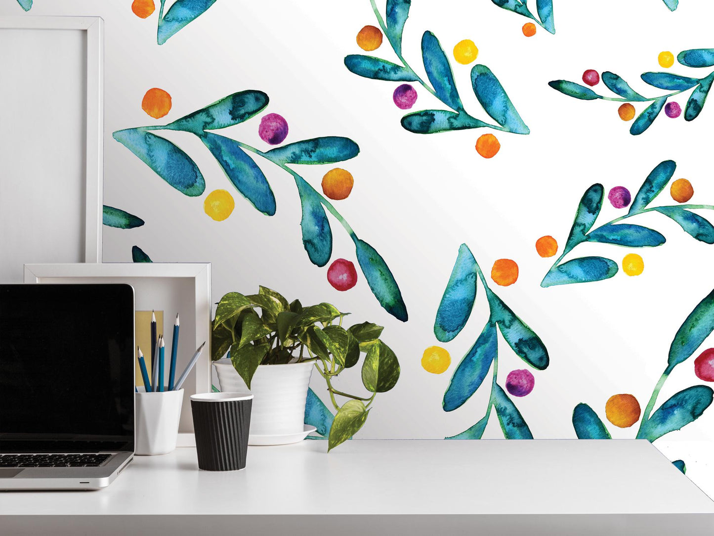 Colorful Dancing Leaves Berries on White Removable Wallpaper, Wall Art, Peel and Stick Wallpaper, Wall Decor, Accent Wall, Modern Art MW2000