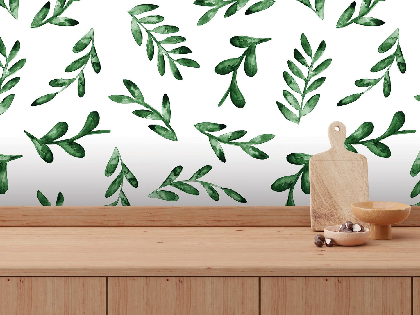 Floating Green Watercolor Leaves Removable Wallpaper, Wall Art, Peel and Stick Wallpaper, Wall Decor, Accent Wall, Living, Bathroom, MW2019