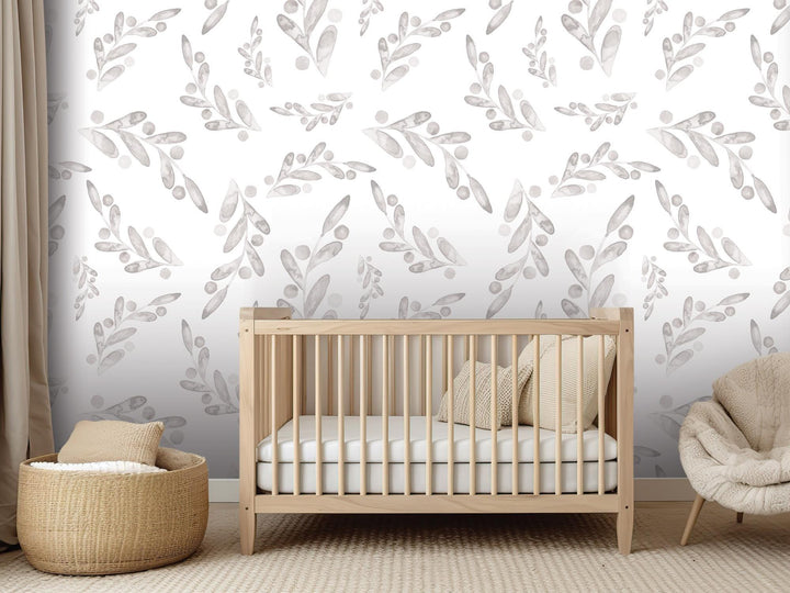 Neutral Dancing Leaves Berries Removable Wallpaper, Wall Art, Peel and Stick Wallpaper, Wall Decor, Accent Wall, Modern Decor, MW2002